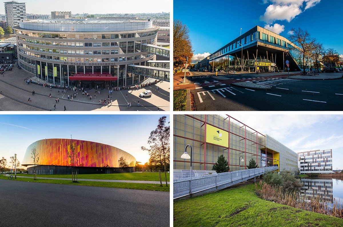 Een collage van vier locaties van de Haagse Hogeschool