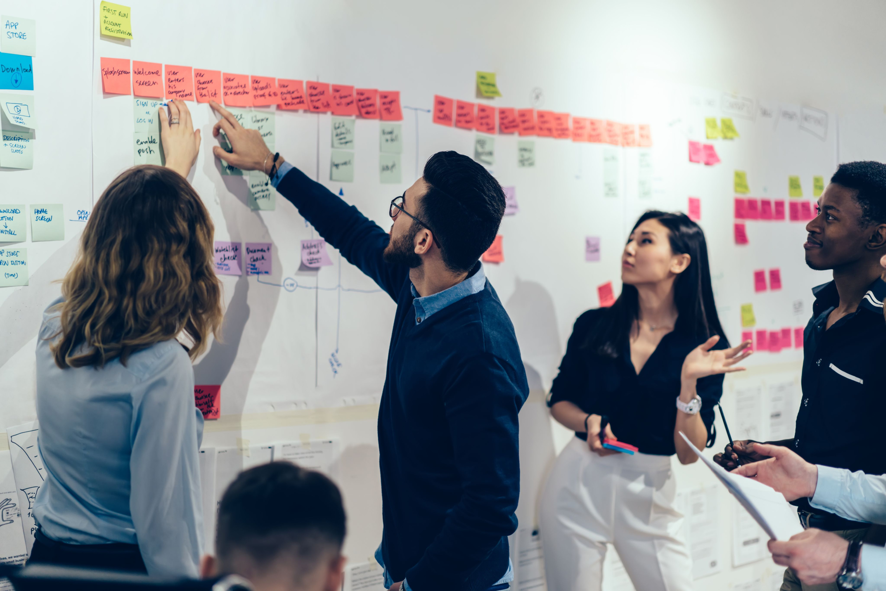 Duurzame Talentontwikkeling, Team van multiculturele jongeren werkt met post-its met vreemde woorden tijdens productieve les