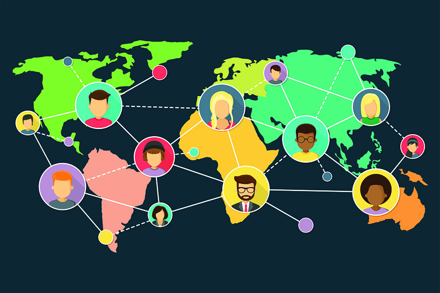 A map of the world with a network of illustrated faces