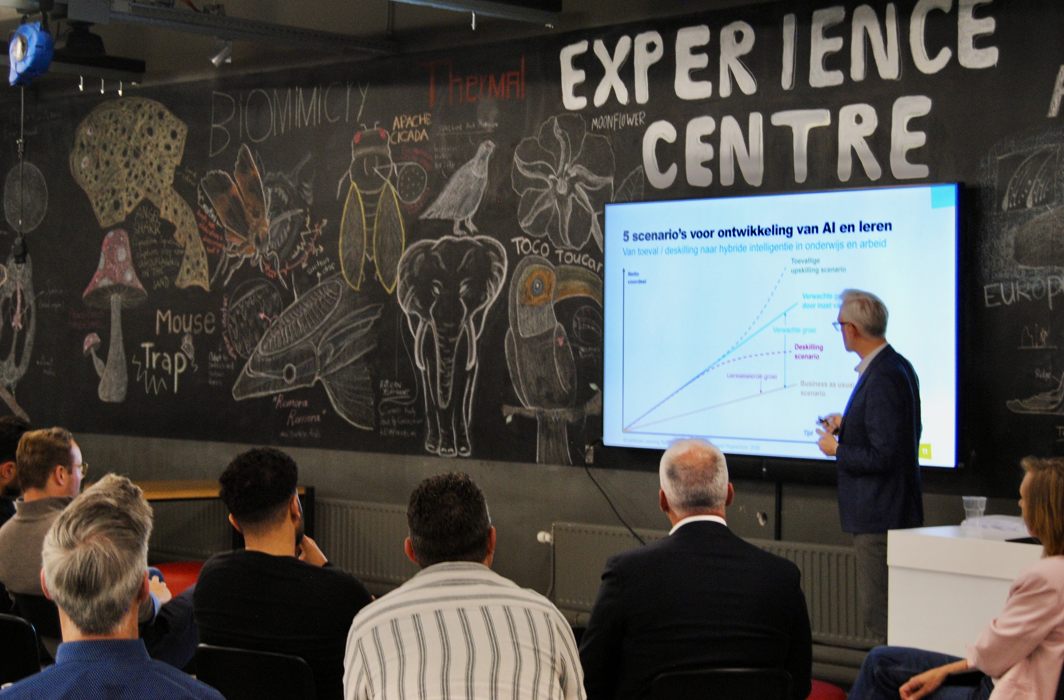 Presenter gives a talk to an audience and points to a screen showing “5 scenario’s voor ontwikkeling van AI en leren”; the wall reads “EXPERIENCE CENTRE”.